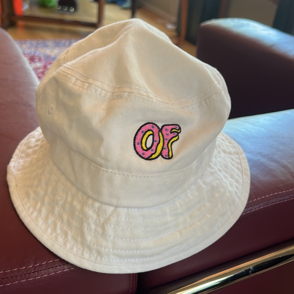 White Cotton Bucket Hat with Embroidered "OF" Donut Logo